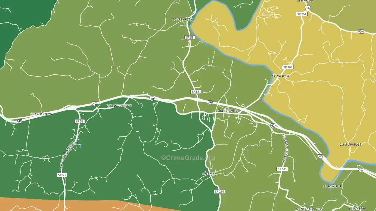 Gordonsville, TN Map of Robbery Rates