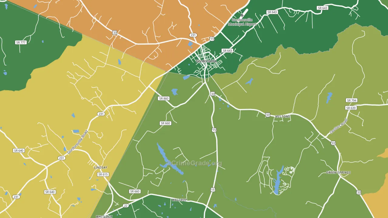 Gordonsville, VA Map of Robbery Rates