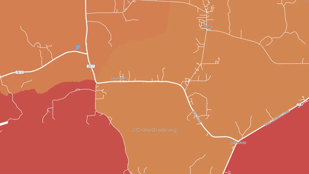 Gordonville, AL Map of Robbery Rates