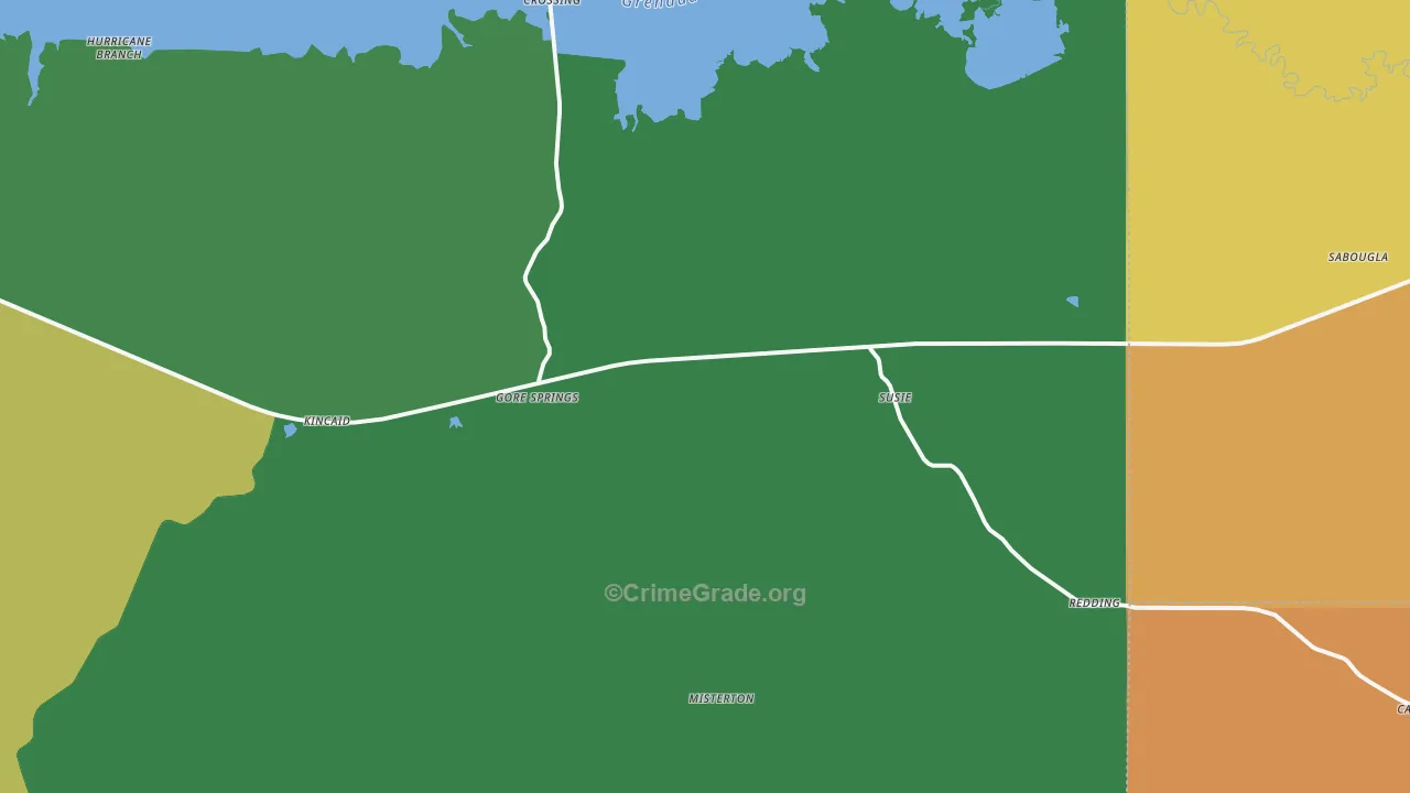 Gore Springs, MS Map of Robbery Rates