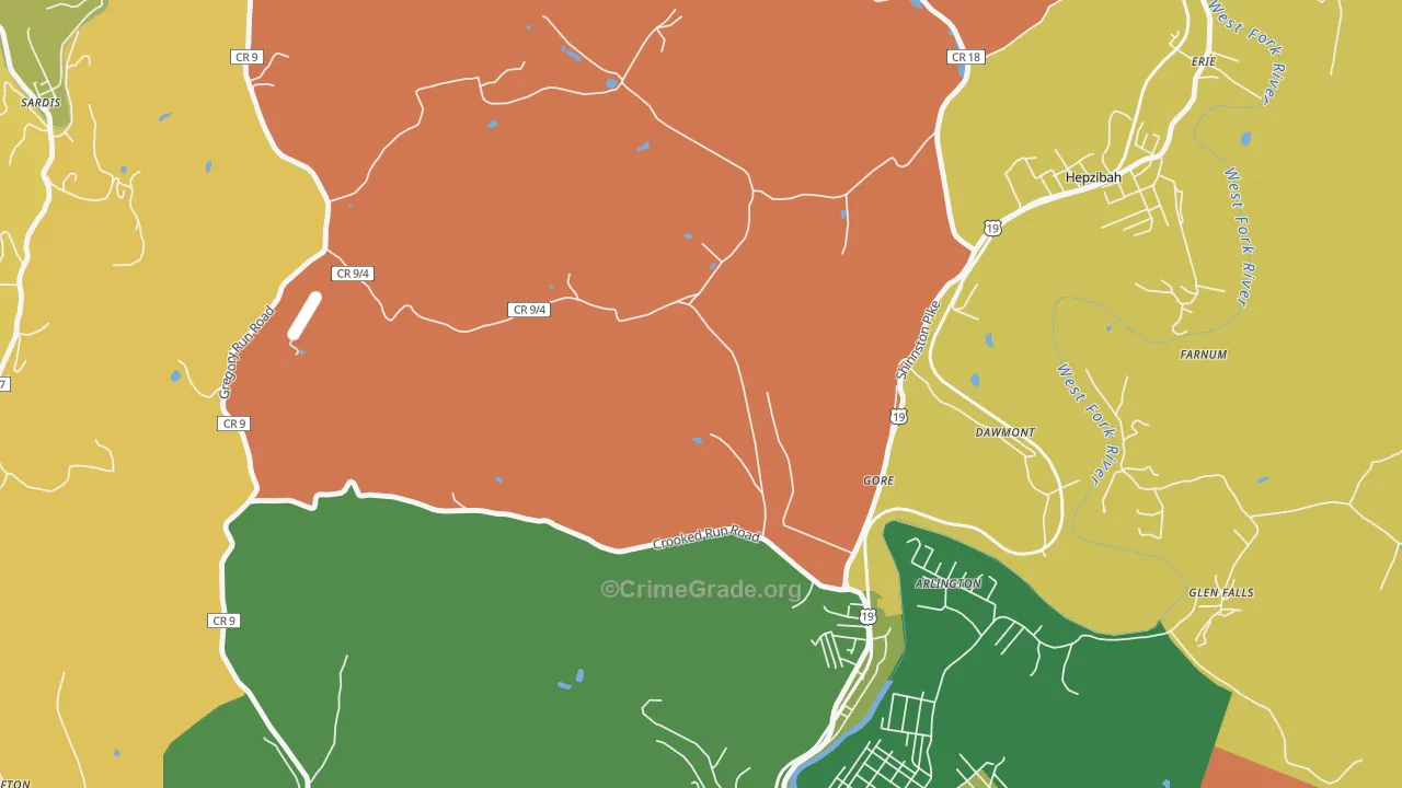 Gore, WV Map of Robbery Rates