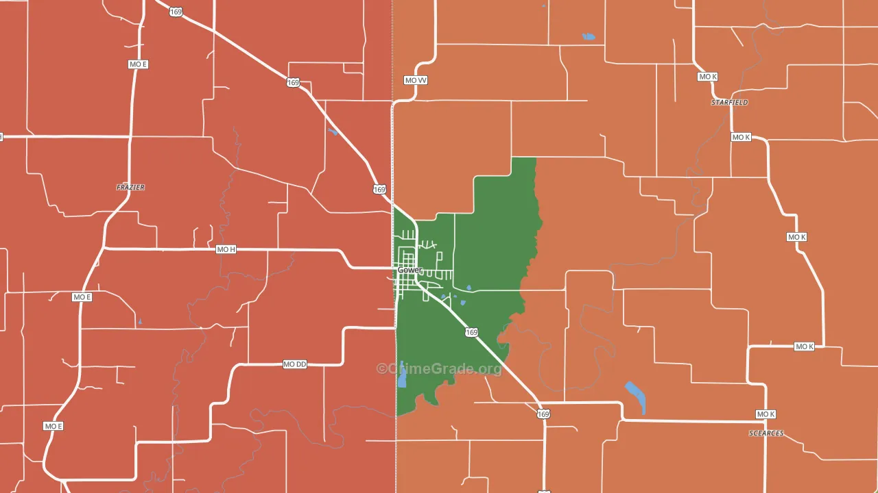 Gower, MO Map of Robbery Rates