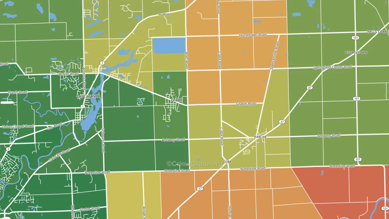 Grabill, IN Map of Robbery Rates