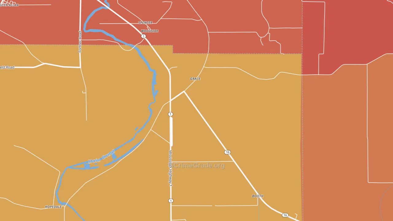 Grace, MS Map of Robbery Rates