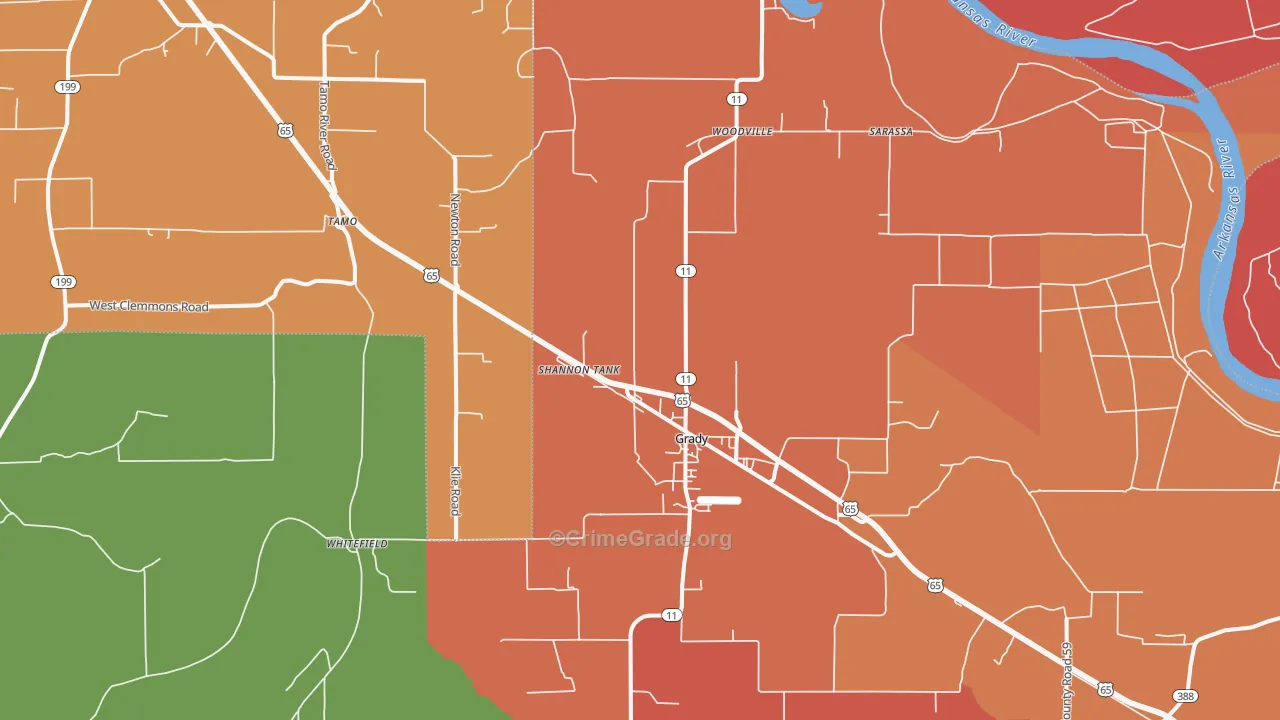 Grady, AR Map of Robbery Rates