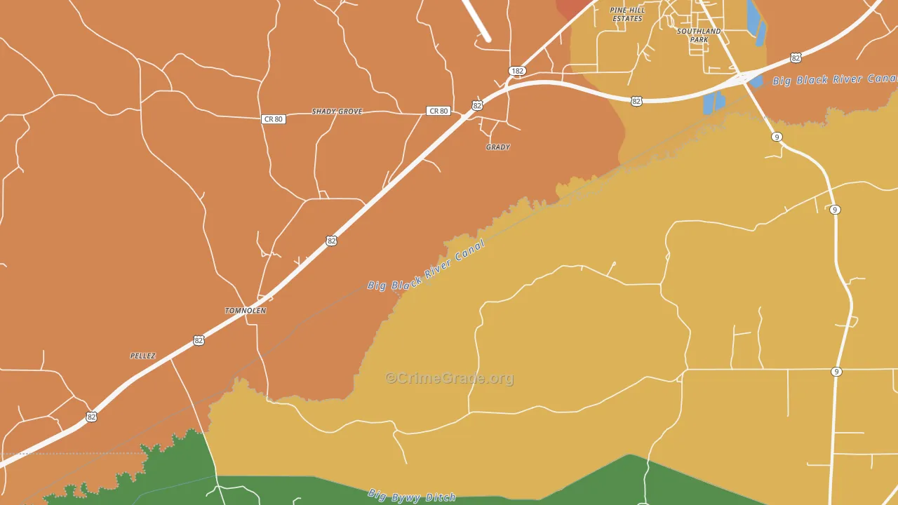 Grady, MS Map of Robbery Rates
