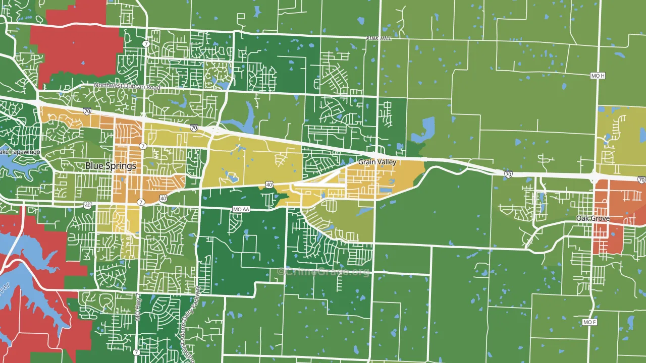 Grain Valley, MO Map of Robbery Rates