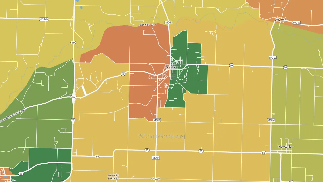 Granby, MO Map of Robbery Rates