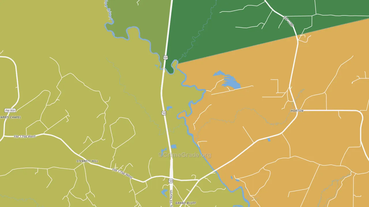 Grand Bluff, TX Map of Robbery Rates