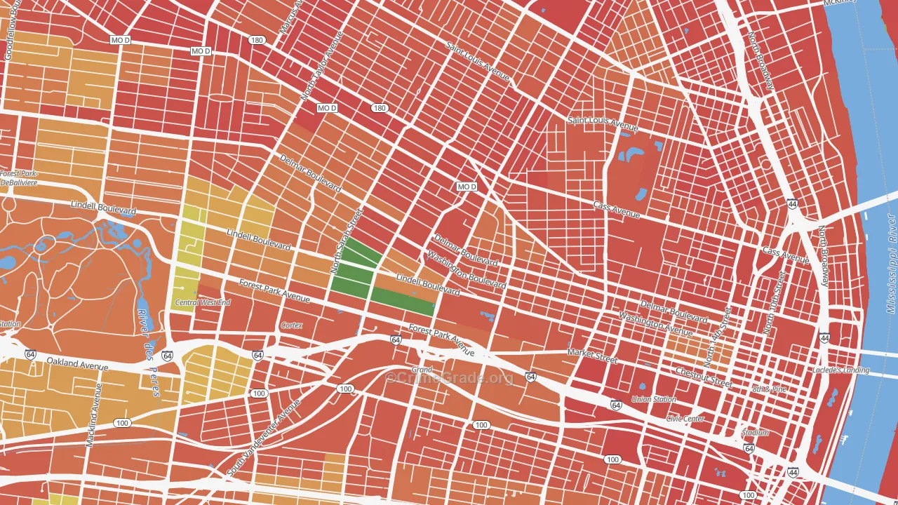 Grand Center, St. Louis, MO Map of Robbery Rates
