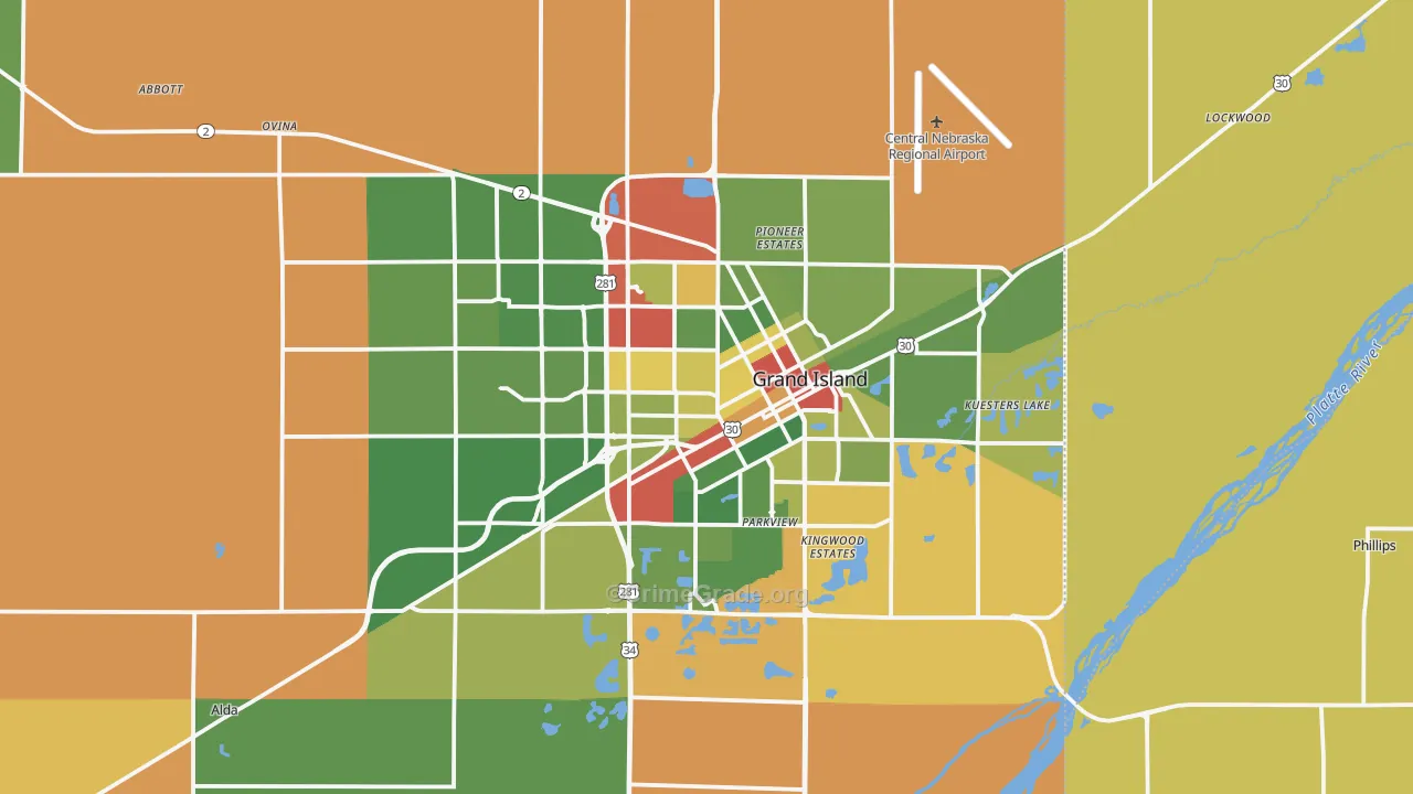 Grand Island, NE Map of Robbery Rates
