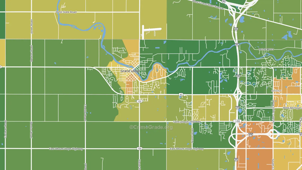 Grand Ledge, MI Map of Robbery Rates