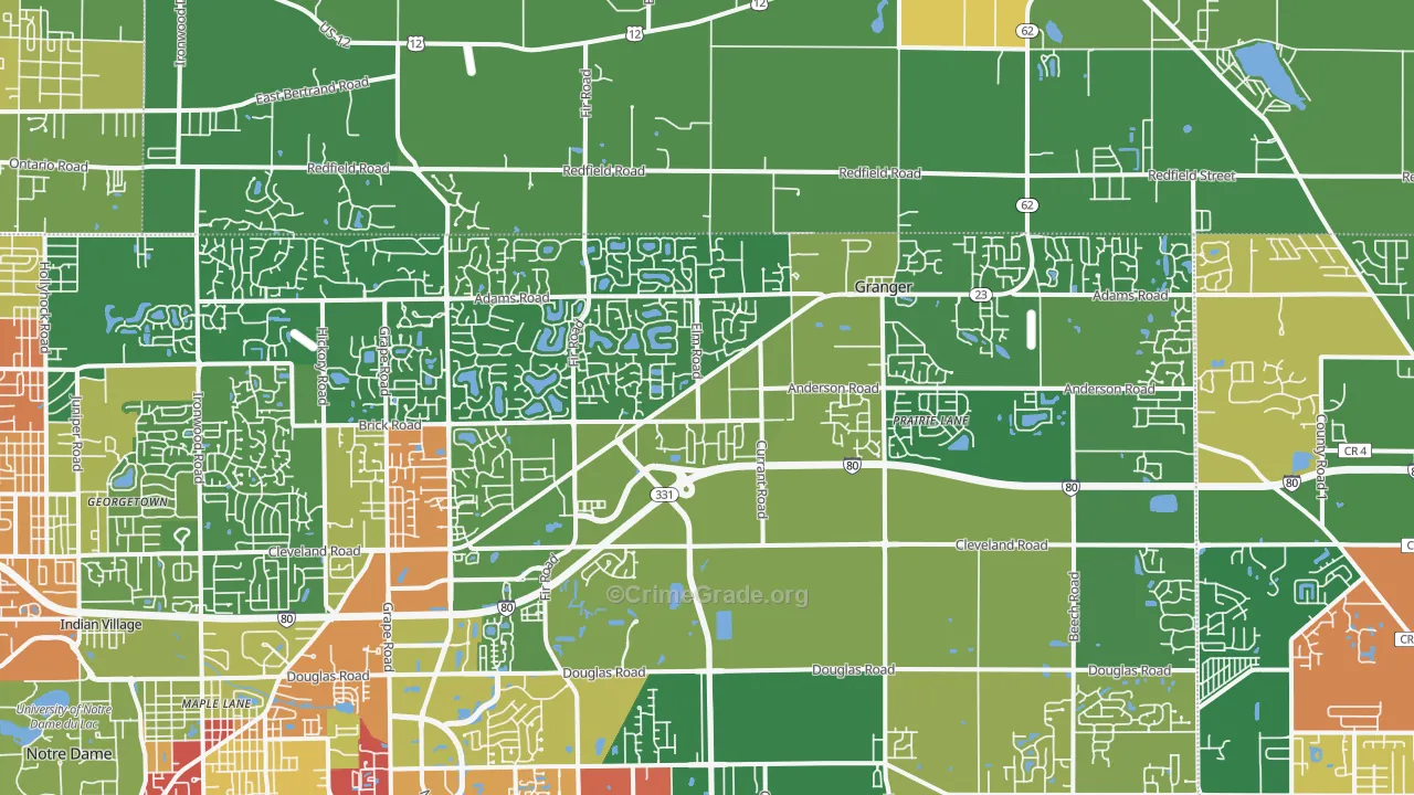 Granger, IN Map of Robbery Rates