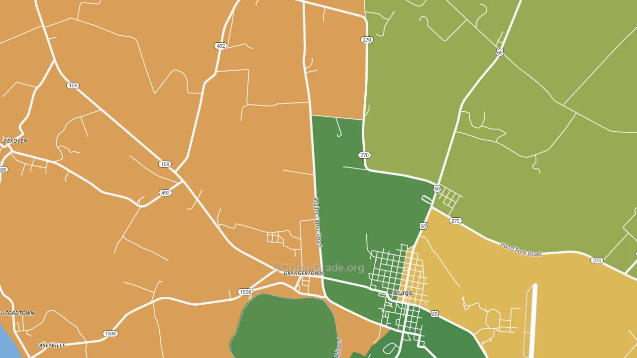 Grangertown, KY Map of Robbery Rates