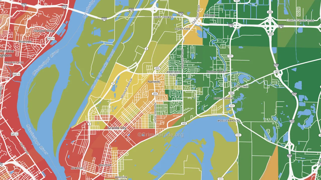 Granite City, IL Map of Robbery Rates