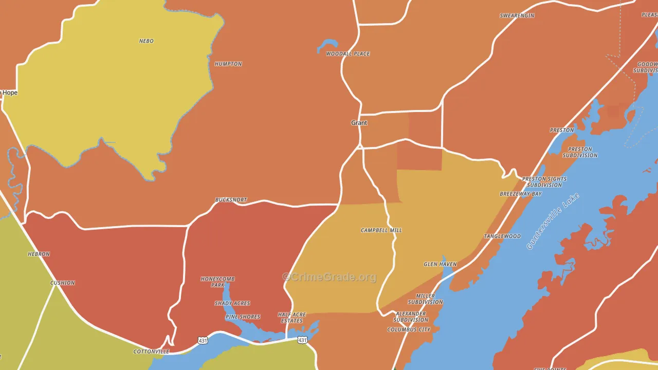 Grant, AL Map of Robbery Rates