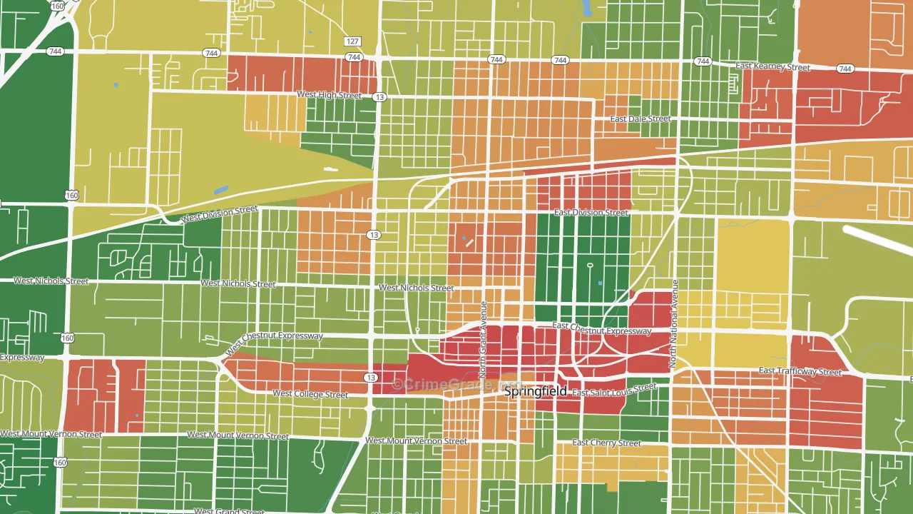 Grant Beach, Springfield, MO Map of Robbery Rates