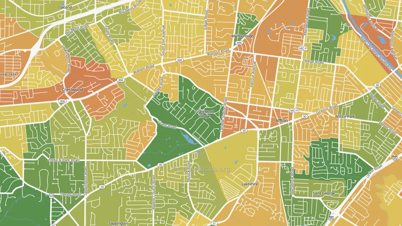 Grantwood Village, MO Map of Robbery Rates