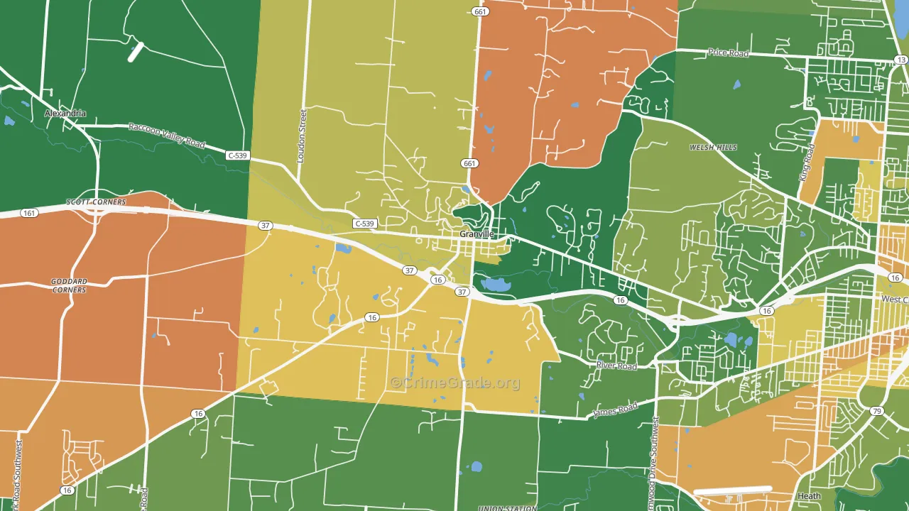 Granville, OH Map of Robbery Rates