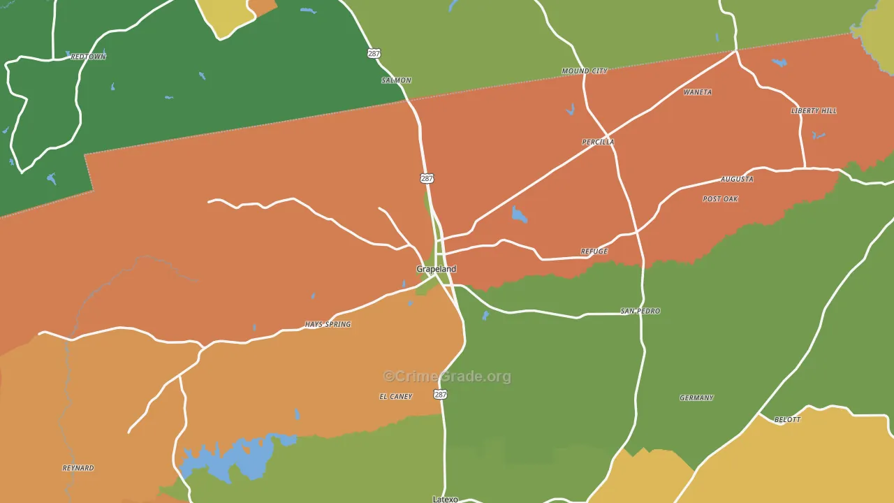 Grapeland, TX Map of Robbery Rates