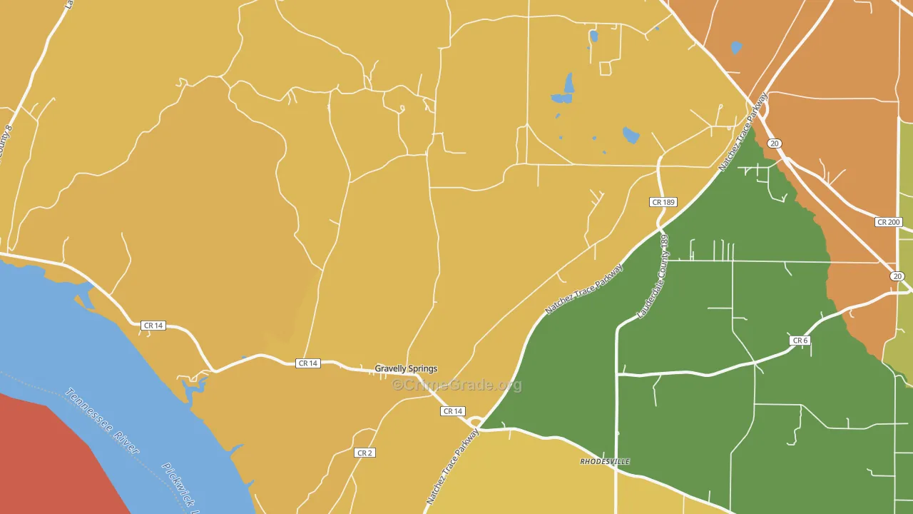 Gravelly Springs, AL Map of Robbery Rates