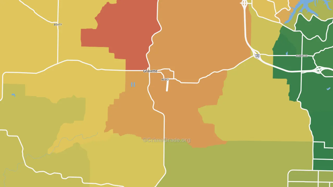 Gravette, AR Map of Robbery Rates