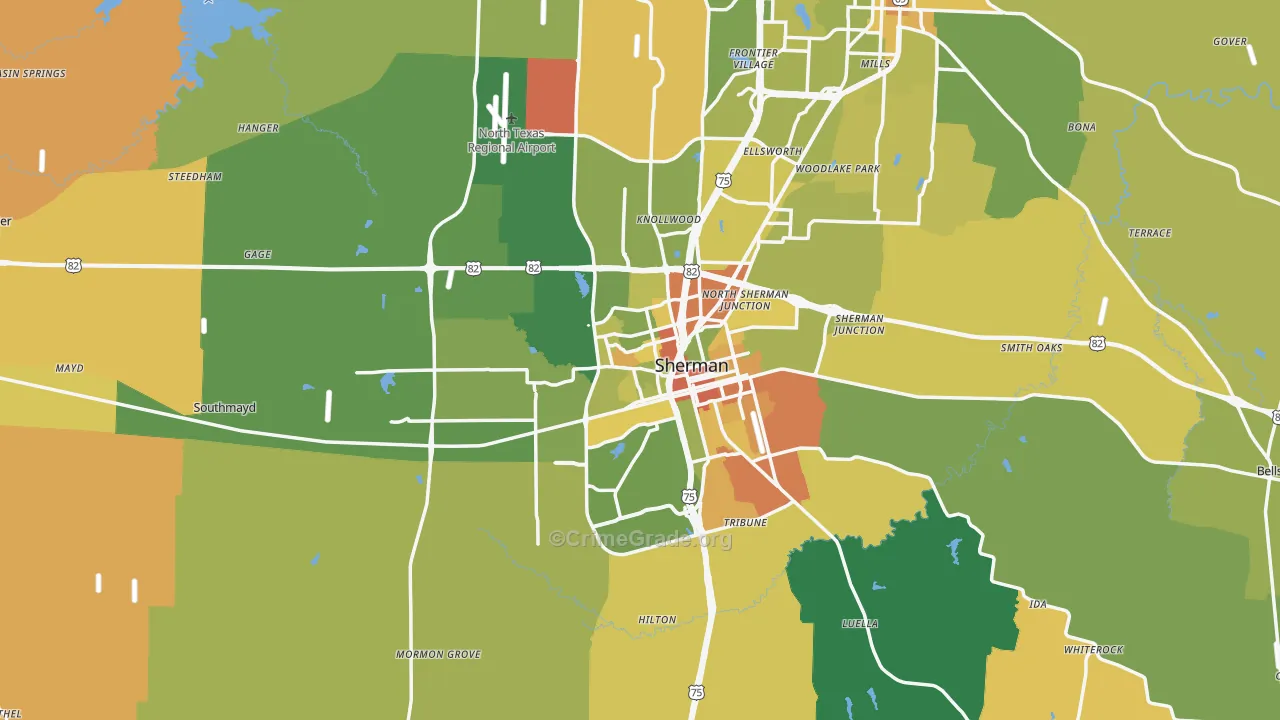 Grayson County, TX Map of Robbery Rates