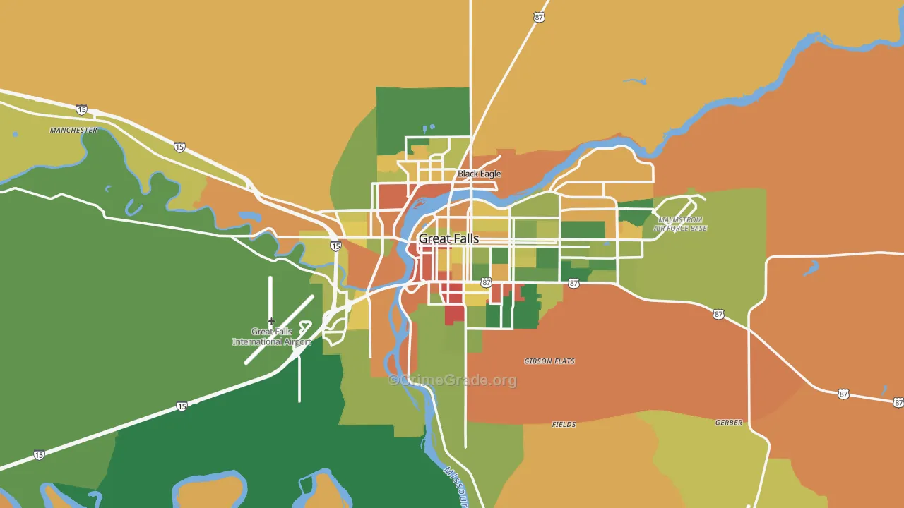 Great Falls, MT Map of Robbery Rates