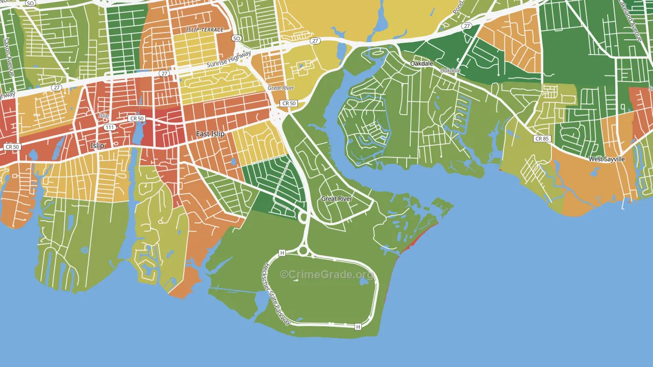Great River, NY Map of Robbery Rates
