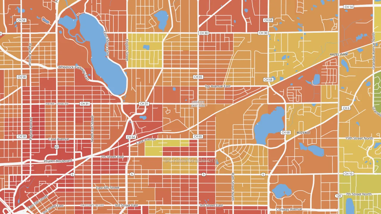 Greater Eastside, St. Paul, MN Map of Robbery Rates