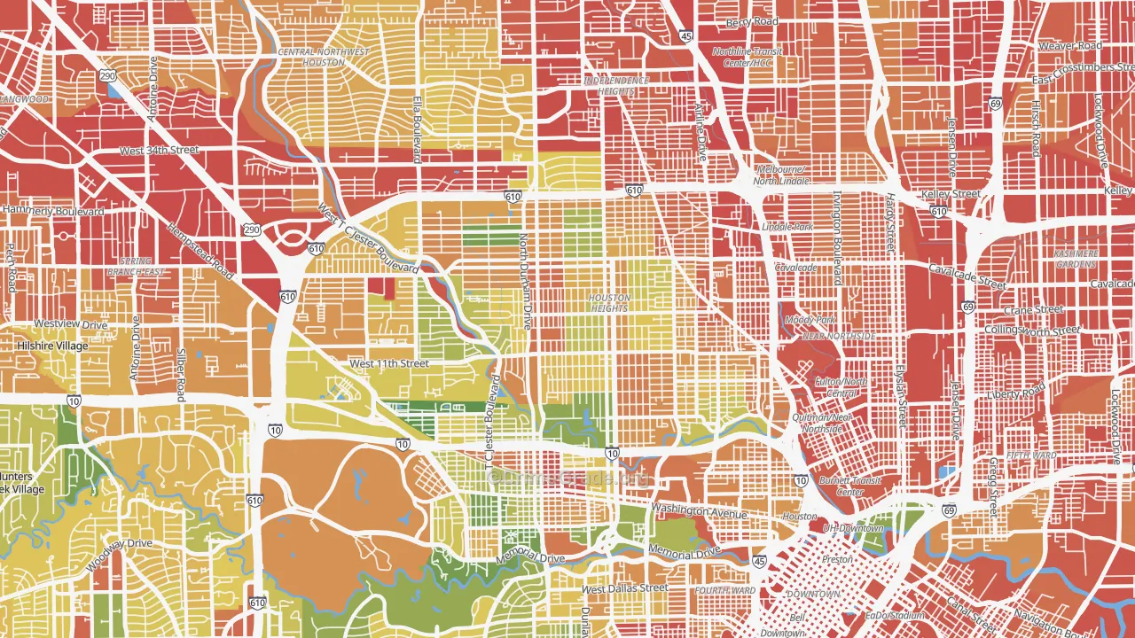 Greater Heights, Houston, TX Map of Robbery Rates