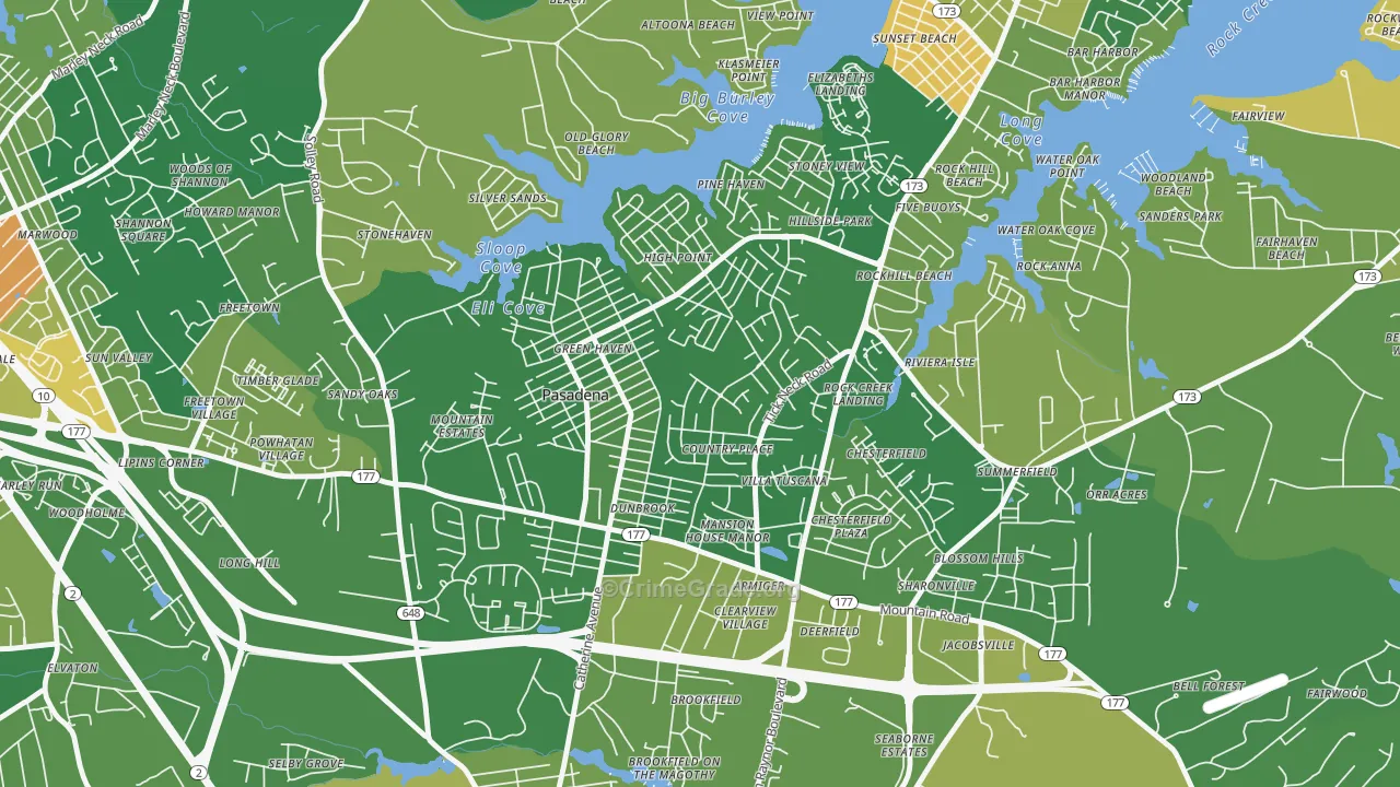 Green Haven, Pasadena, MD Map of Robbery Rates