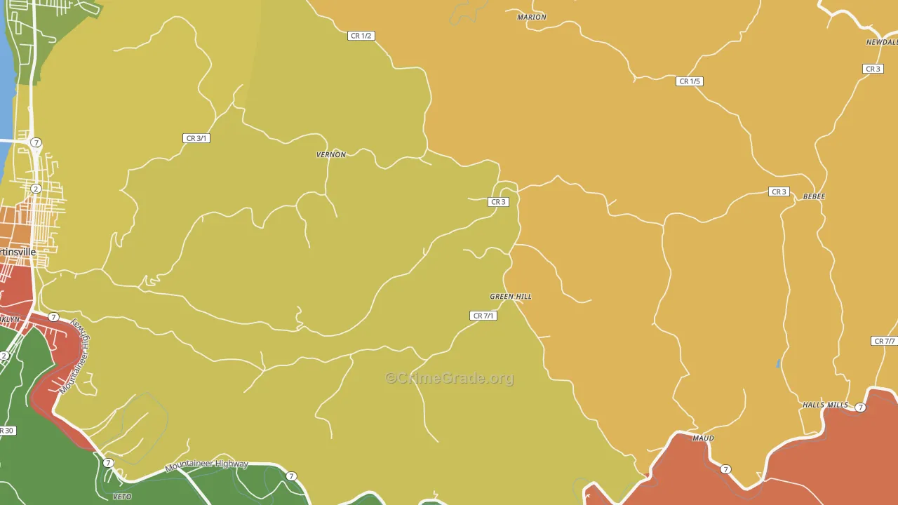 Green Hill, WV Map of Robbery Rates
