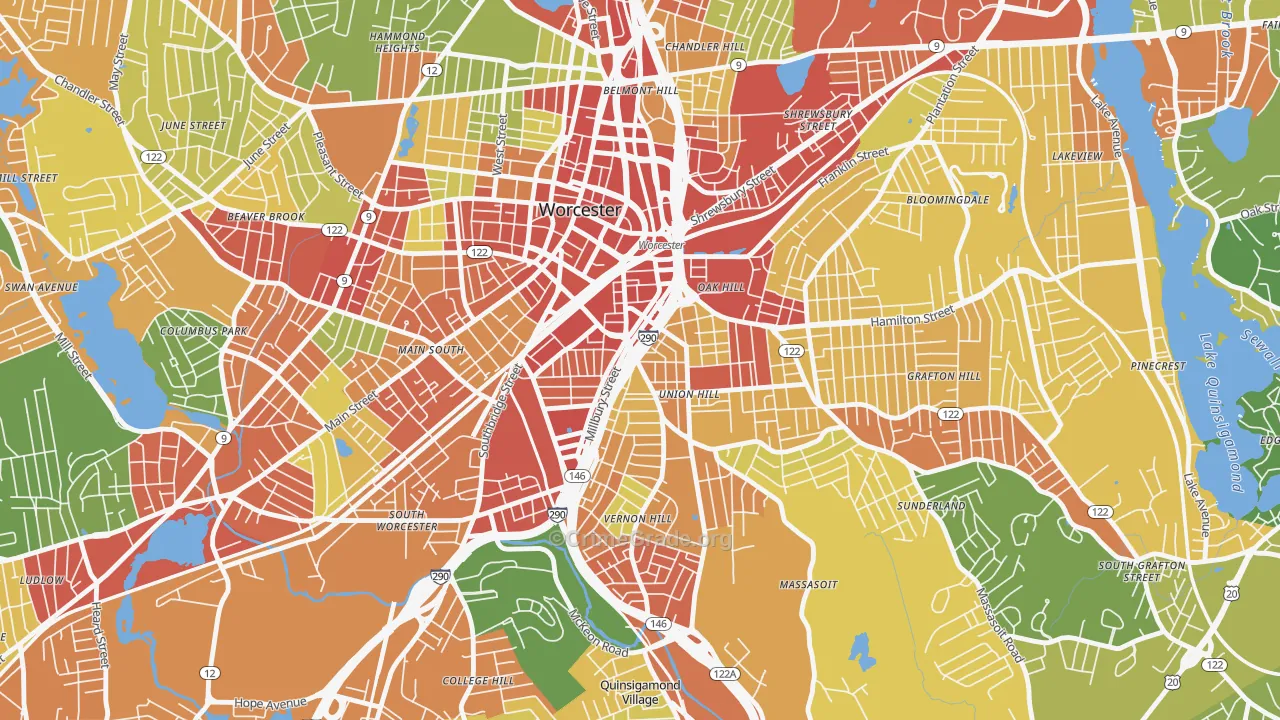 Green Island, Worcester, MA Map of Robbery Rates