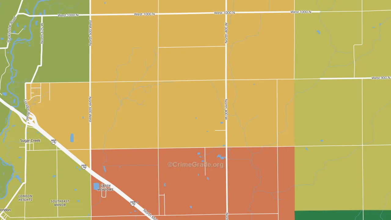 Green Meadows, IN Map of Robbery Rates
