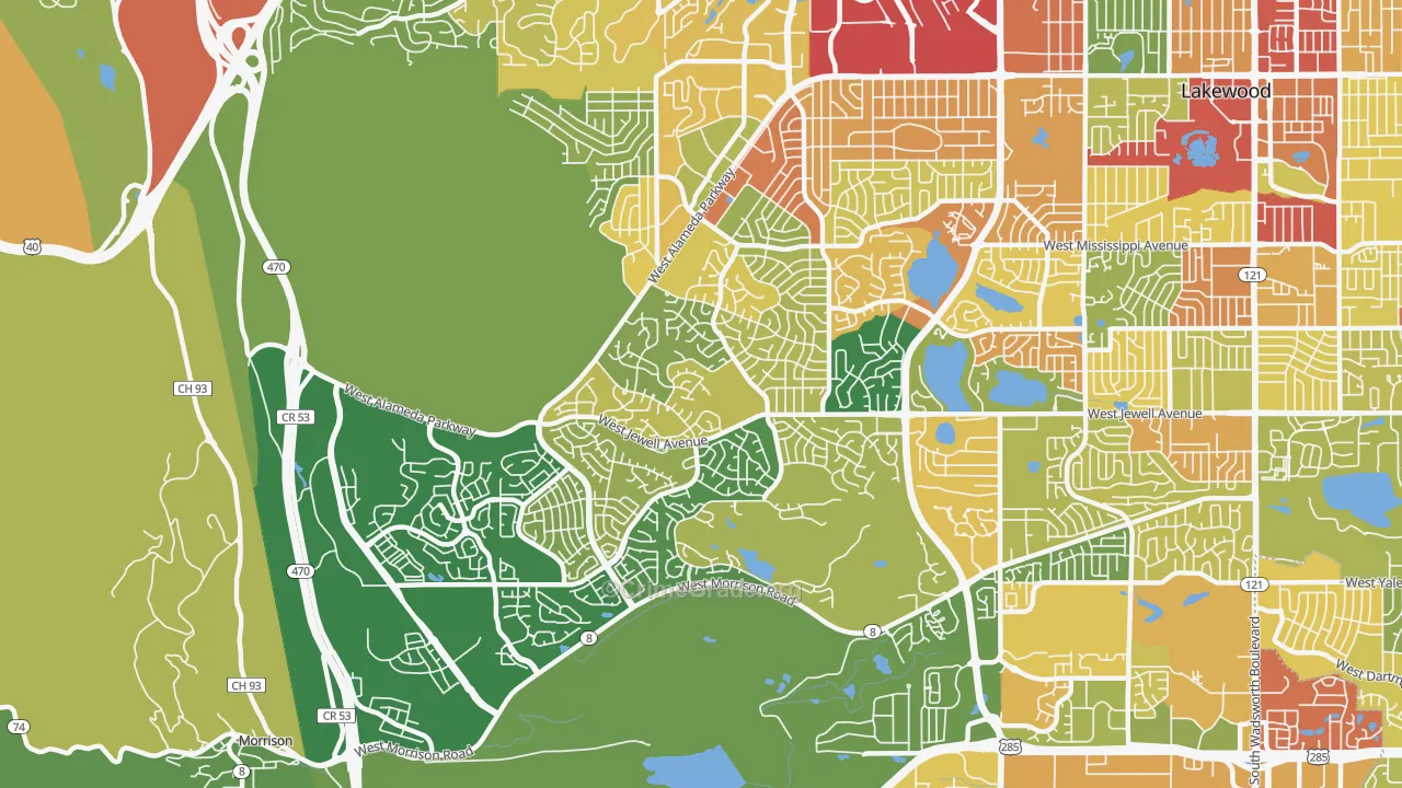 Green Mountain, Lakewood, CO Map of Robbery Rates