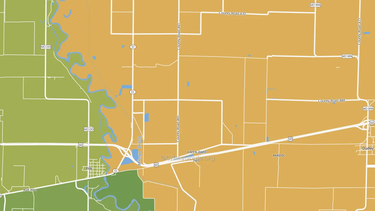 Green Oaks, MO Map of Robbery Rates
