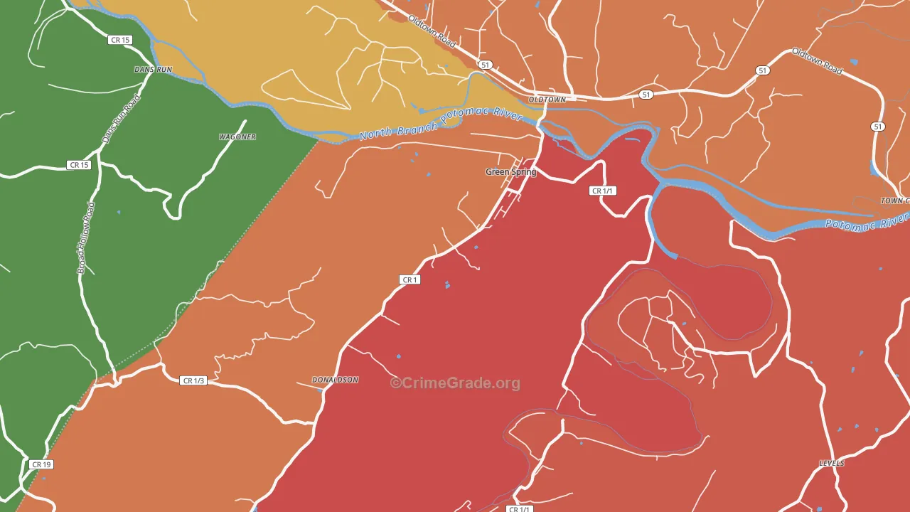 Green Spring, WV Map of Robbery Rates