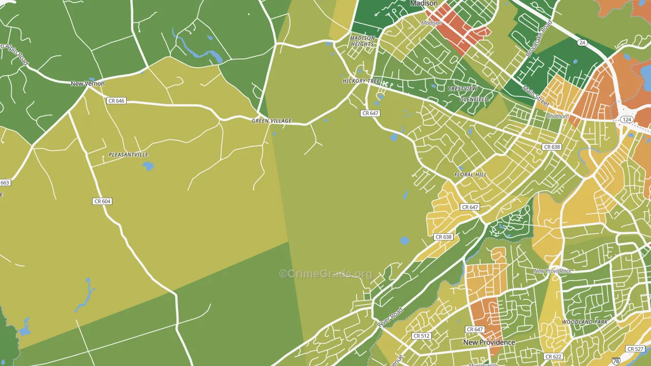 Green Village, NJ Map of Robbery Rates