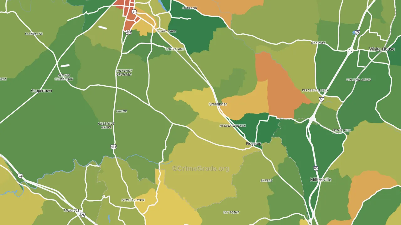 Greenbrier, TN Map of Robbery Rates