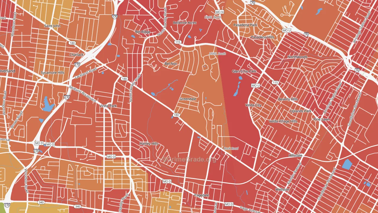 Greendale, MO Map of Robbery Rates