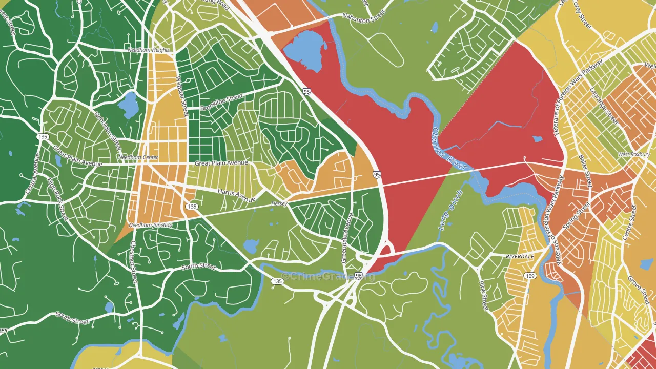 Greendale Village, Needham, MA Map of Robbery Rates
