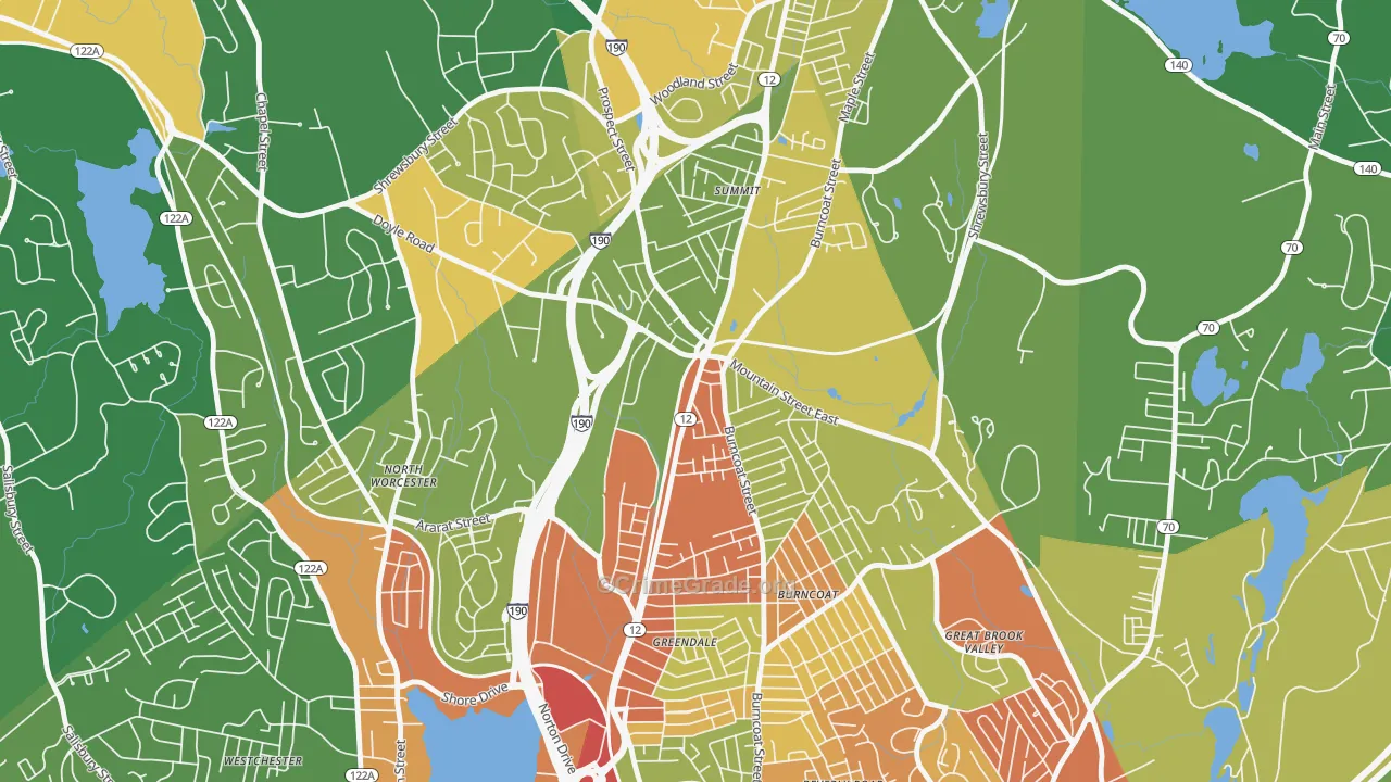 Greendale, Worcester, MA Map of Robbery Rates