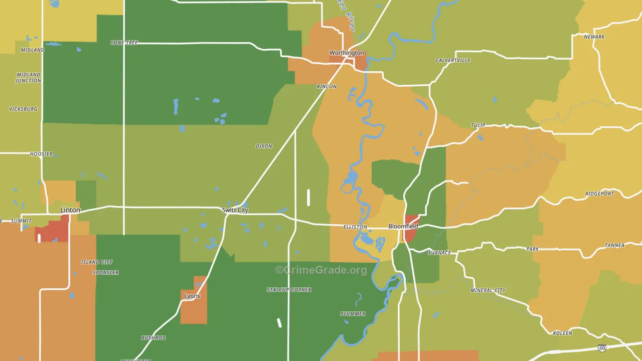 Greene County, IN Map of Robbery Rates