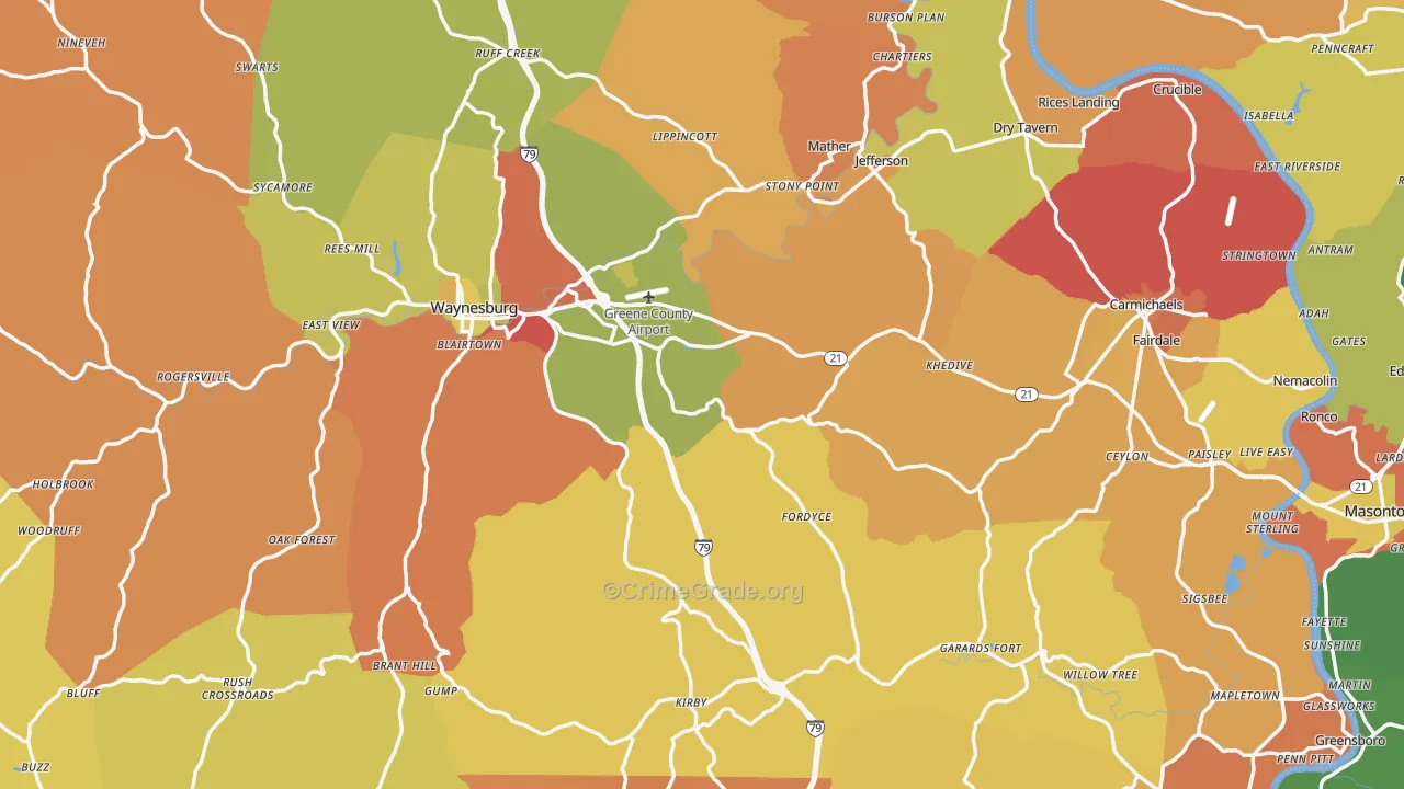 Greene County, PA Map of Robbery Rates