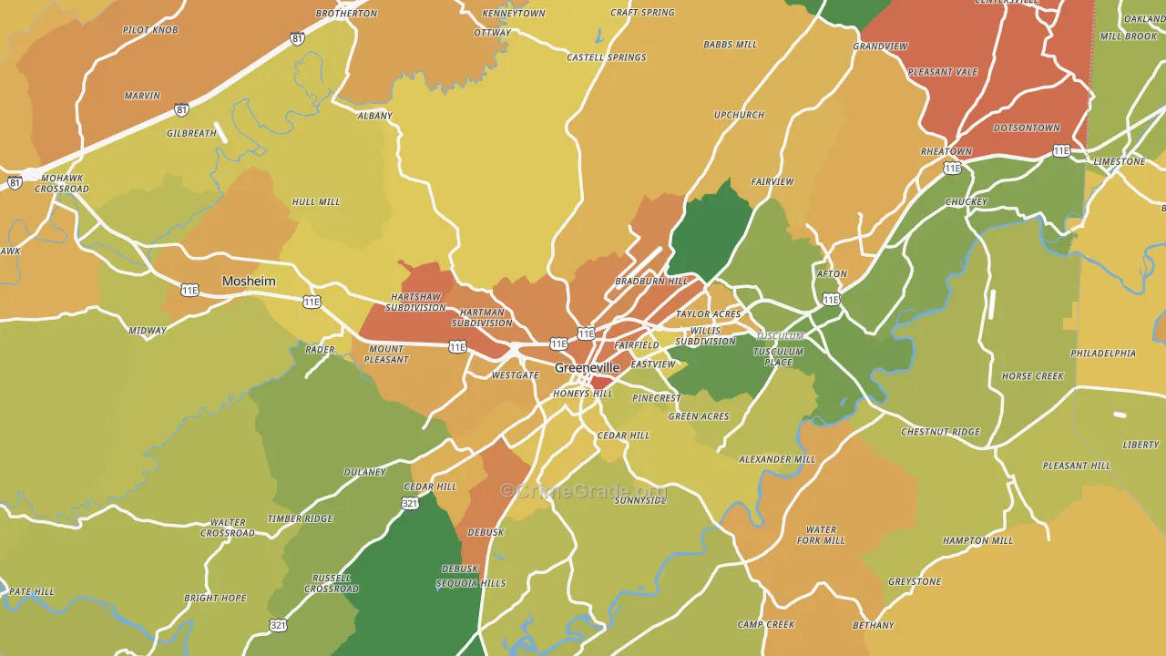 Greene County, TN Map of Robbery Rates