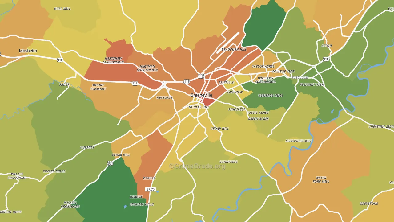 Greeneville, TN Map of Robbery Rates