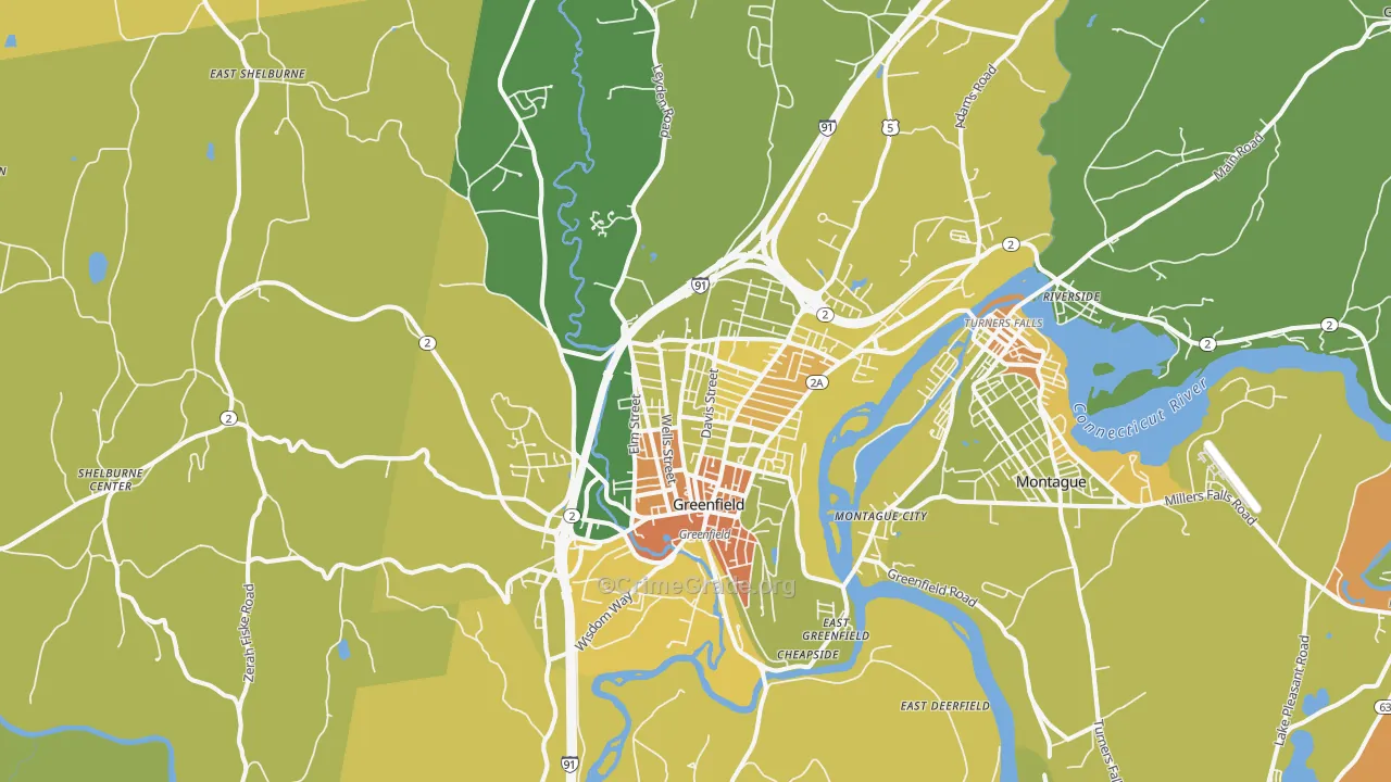 Greenfield, MA Map of Robbery Rates