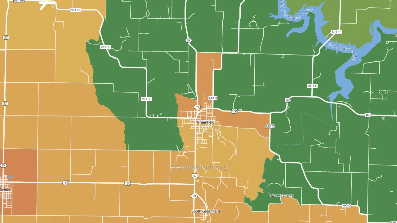Greenfield, MO Map of Robbery Rates