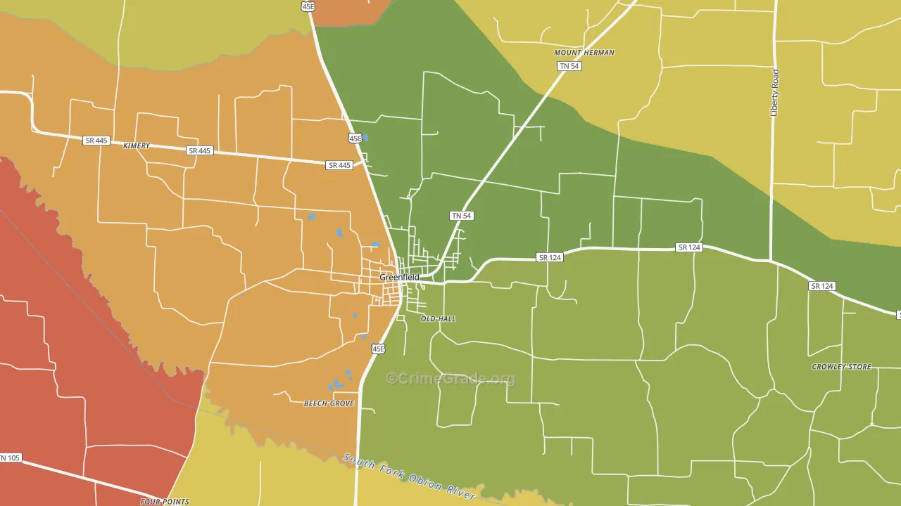 Greenfield, TN Map of Robbery Rates